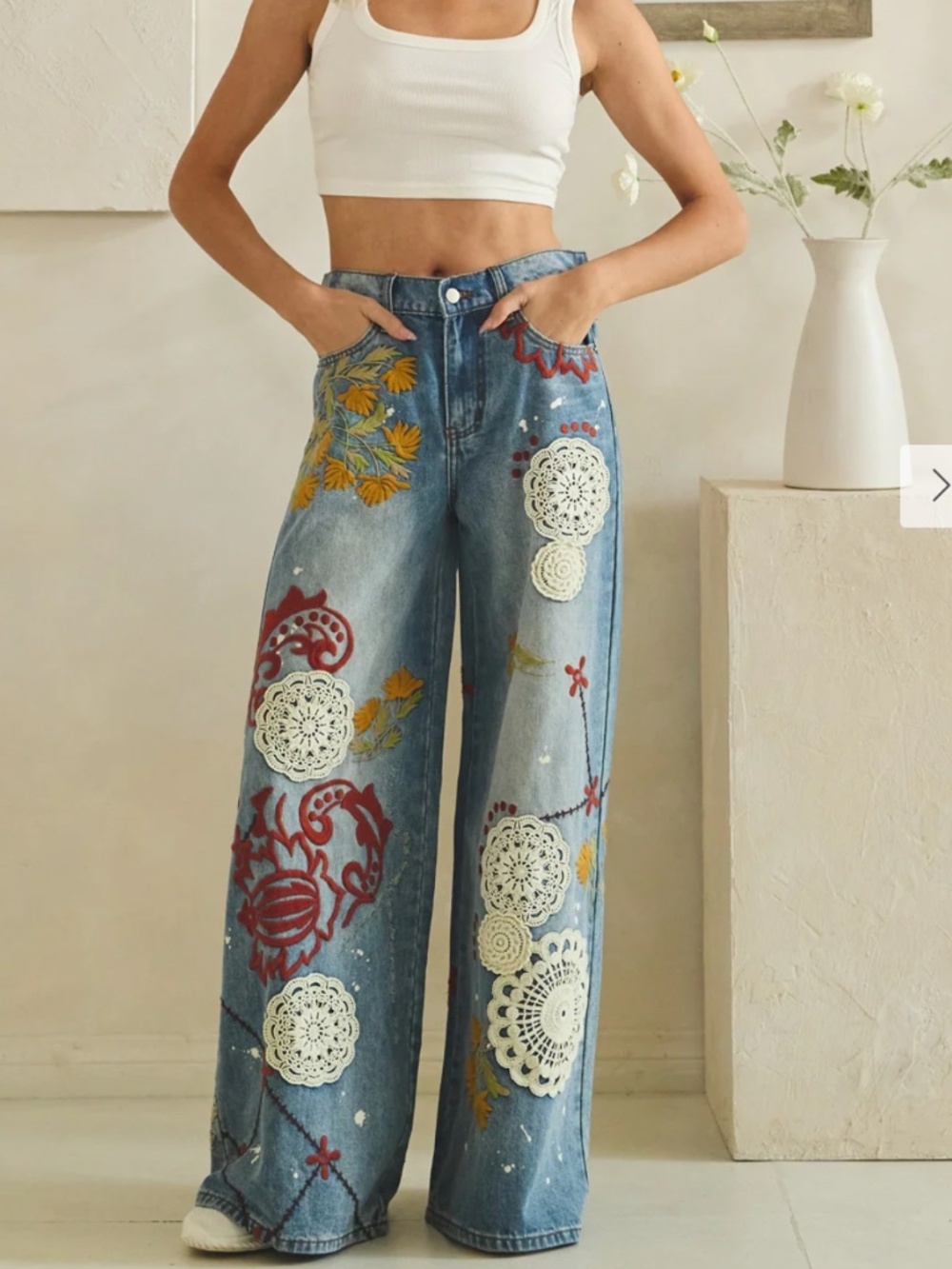 🎉 Oli and Hali “DEE” OLI & Hali WIDE LEG DENIM PANTS WITH EMBROIDERY DETAIL 34 - Picture 2 of 14